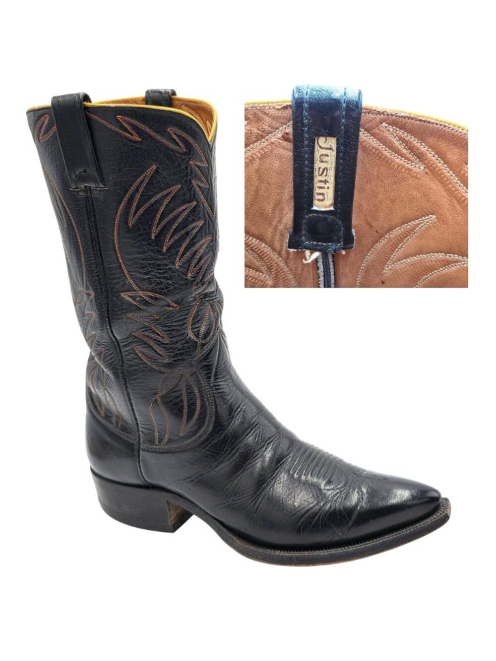 1950s? Vintage Justin Boots Black Leather Mens 10.5D Snip-toe Cowboy Western USA